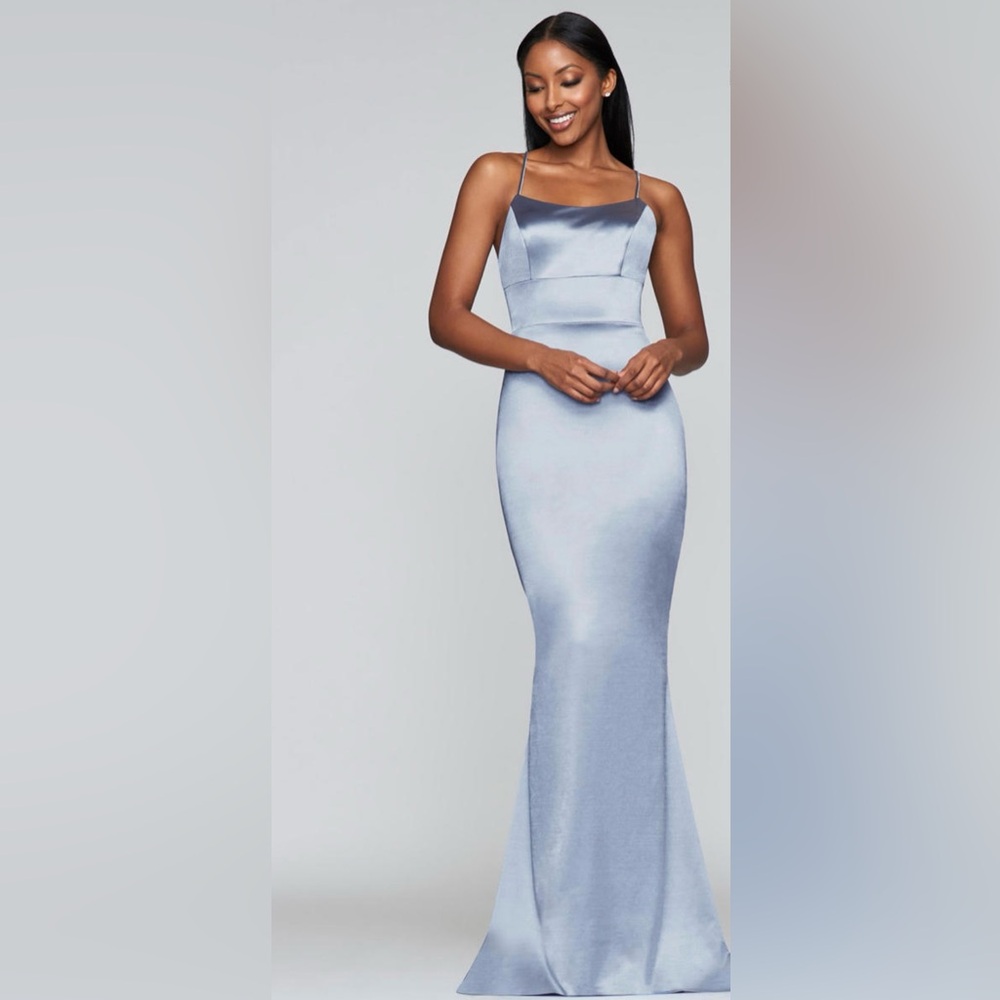 Faviana Strappy S10375 Plunging Back Laced Gown w Sweep Train in Frost Blue